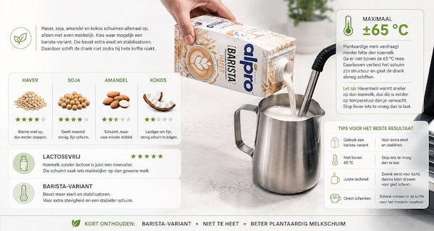 Infographic over plantaardige melk opschuimen met haver soja amandel en kokos vergeleken
