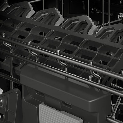 Premium korvsysteem van V-ZUG Adora vaatwasser met SoftSlide en SoftClose, flexibele rekken en glassteunen voor maximale ruimte en bescherming.