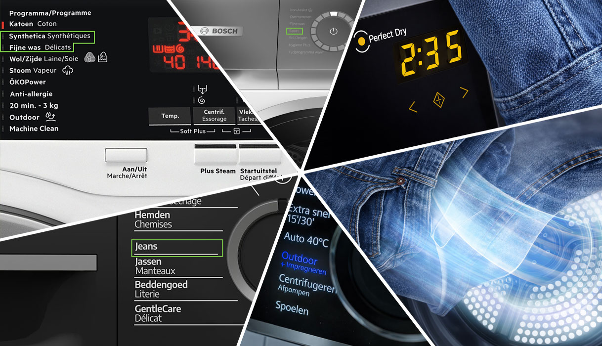 Overzicht droogprogramma jeans per merk met instellingen voor lage temperatuur en bescherming van denim
