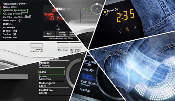 Overzicht droogprogramma jeans per merk met instellingen voor lage temperatuur en bescherming van denim