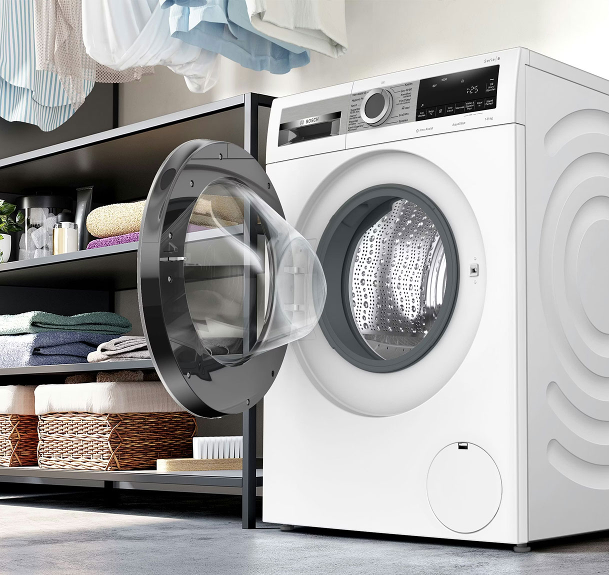 Bosch Serie 6 wasmachine met geopende deur en bedieningspaneel met programmasymboolen