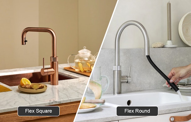 Quooker Flex in twee uitvoeringen: links de Flex Square in Rosé Koper met hoekige uitloop, rechts de Flex Round in RVS met ronde uitloop en uittrekbare slang in gebruik