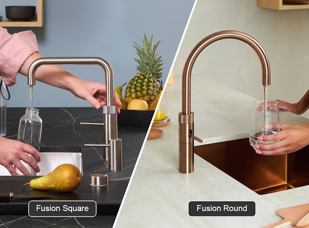Quooker Fusion in twee uitvoeringen: links de Fusion Square RVS met strakke hoekige uitloop, rechts de Fusion Round Rosé Koper met zachte ronde uitloop