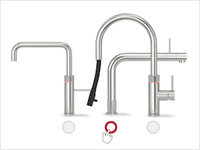 Drie Quooker kranen met selectiecirkels: Front, Flex en Nordic Twintaps – klik om jouw ideale model te kiezen