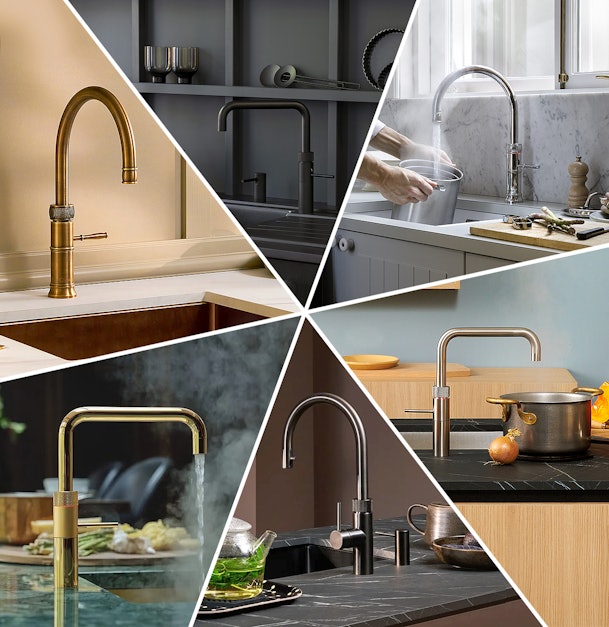 Zes Quooker kranen in verschillende kleuren en keukenstijlen: Messing Patina in landelijke keuken, Zwart in moderne donkere keuken, Chroom in lichte keuken, Goud in luxe setting, Gunmetal in donkere keuken en RVS in Scandinavische keuken