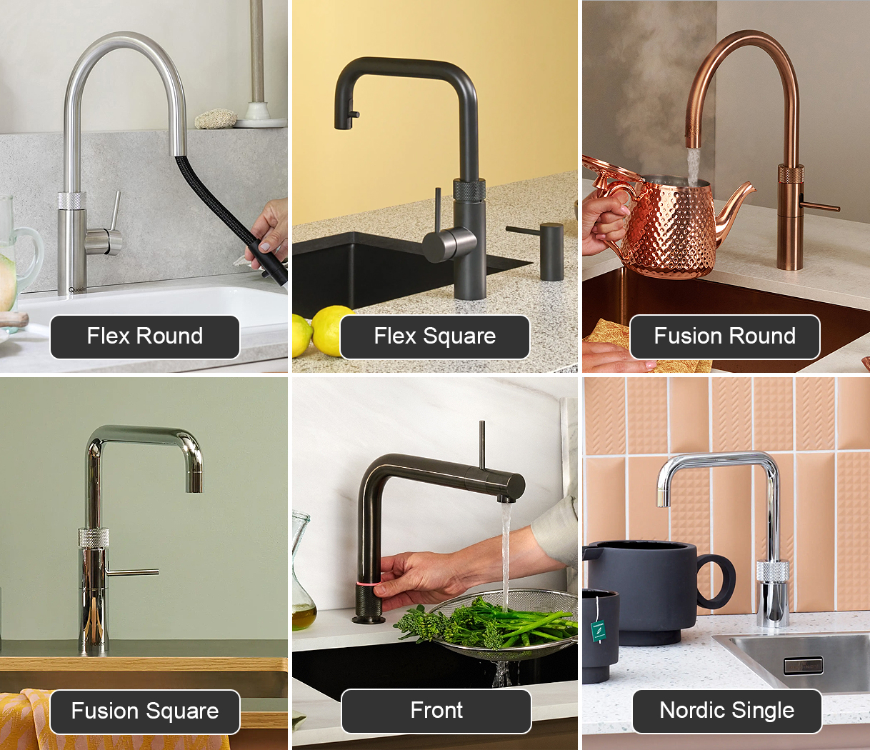 Overzicht van zes Quooker kraanmodellen: Flex Round en Flex Square met uittrekbare slang, Fusion Round in koper en Fusion Square in chroom, de moderne Front kraan, en de compacte Nordic Single kokendwaterkraan
