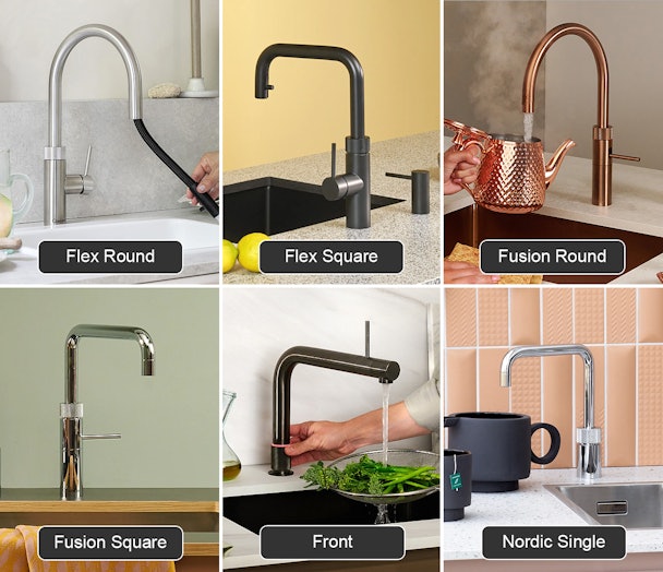 Overzicht van zes Quooker kraanmodellen: Flex Round en Flex Square met uittrekbare slang, Fusion Round in koper en Fusion Square in chroom, de moderne Front kraan, en de compacte Nordic Single kokendwaterkraan