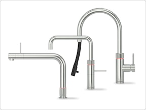 Drie Quooker kraanmodellen naast elkaar: Flex, Fusion Square en Front in RVS