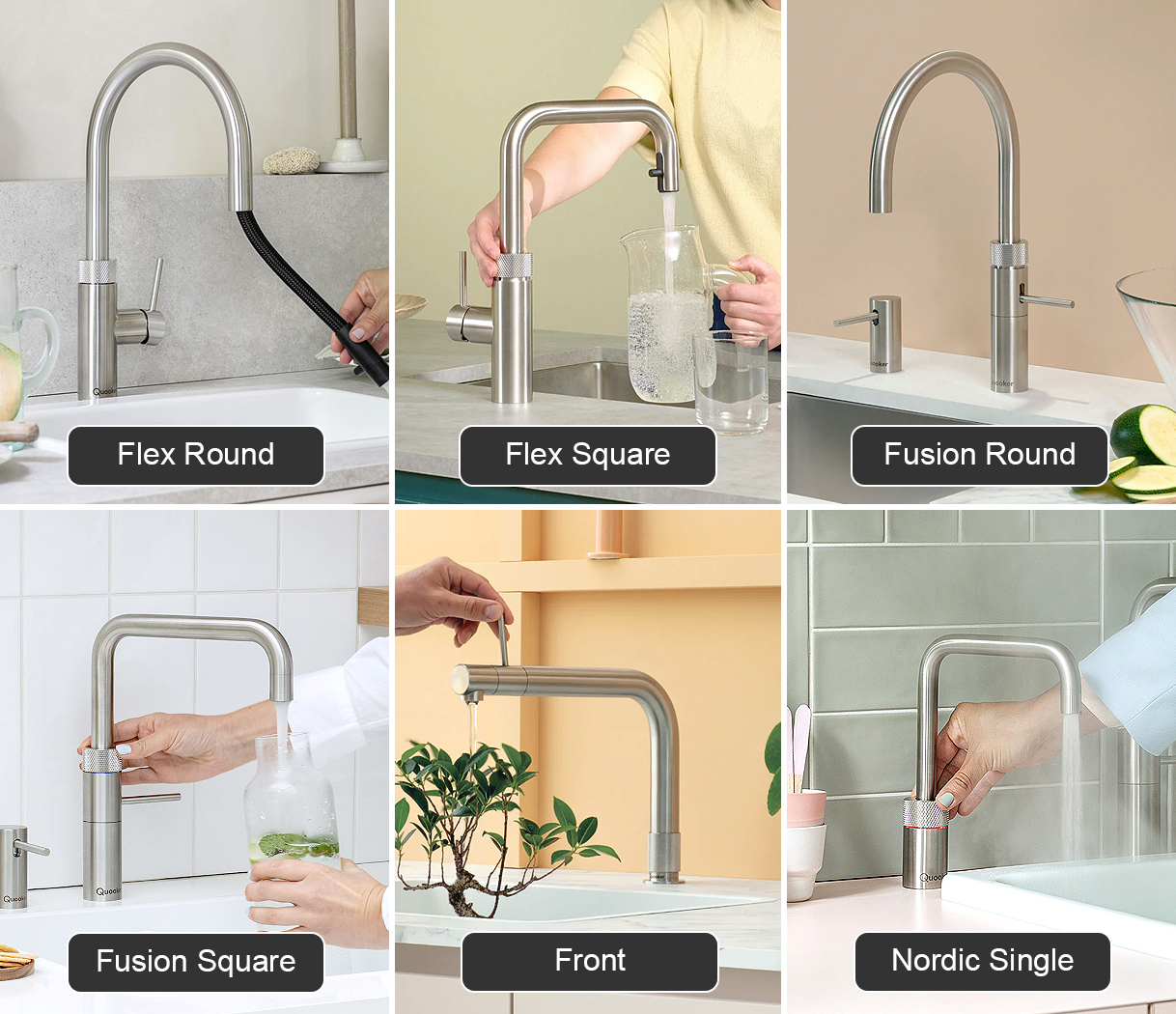 Quooker kraanmodellen vergelijken: Flex Round en Square met uittrekslang, Fusion Round en Square, Front met bediening vooraan, en Nordic Single - alle modellen in RVS uitvoering