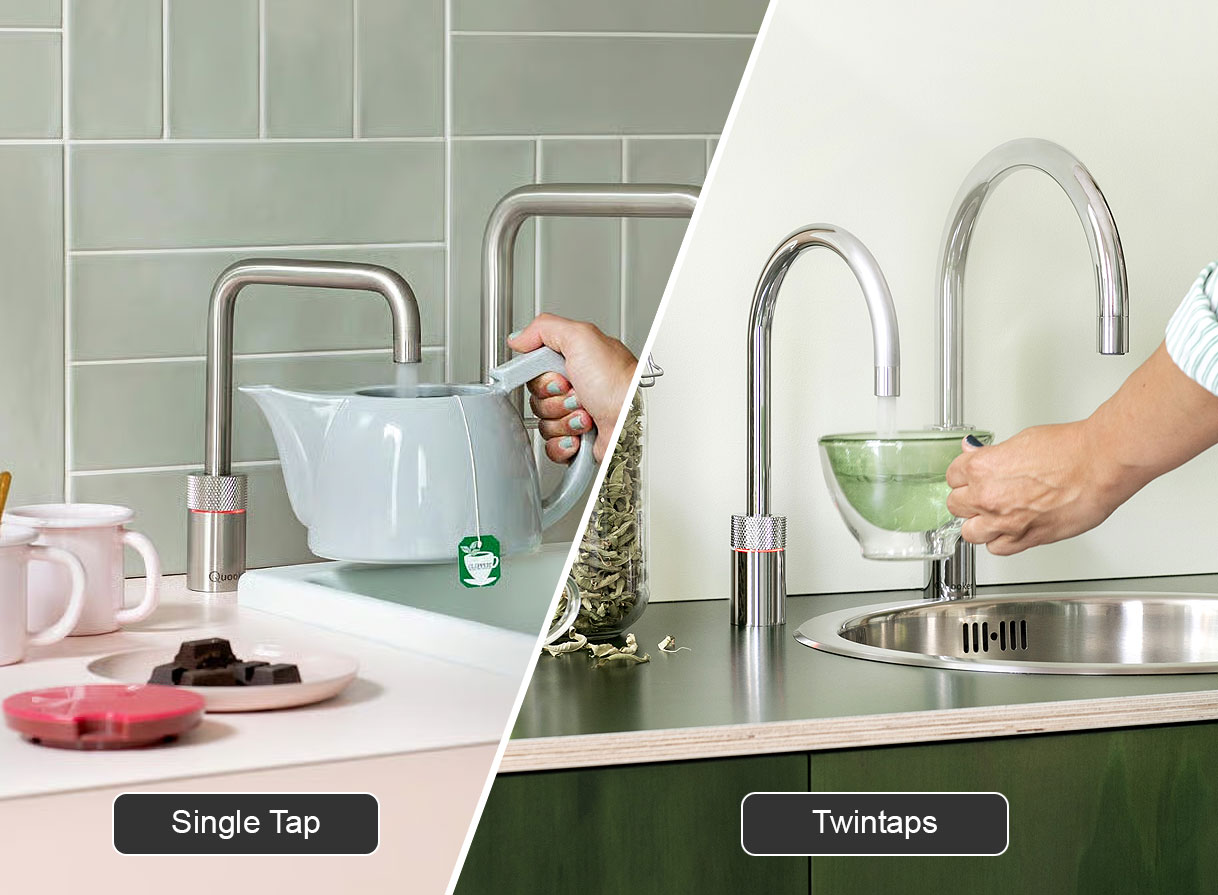 Vergelijking van Quooker Nordic Single Tap en Twintaps, met links één losse kokendwaterkraan naast een mengkraan en rechts twee bijpassende kranen boven een spoelbak