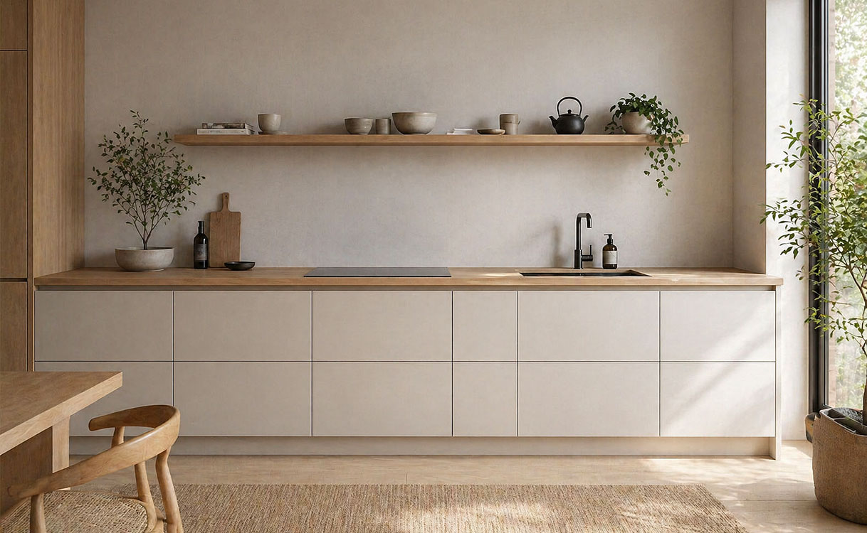 Rechte Japandi keuken met lichte fronten, houten werkblad en open wandplank met keramiek
