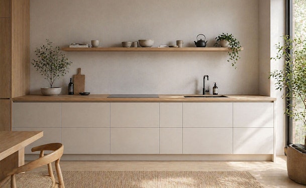 Rechte Japandi keuken met lichte fronten, houten werkblad en open wandplank met keramiek