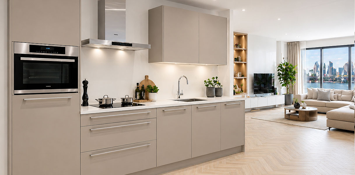 Rechte keuken van 4 meter met taupe hoogglans fronten en breed kookvlak