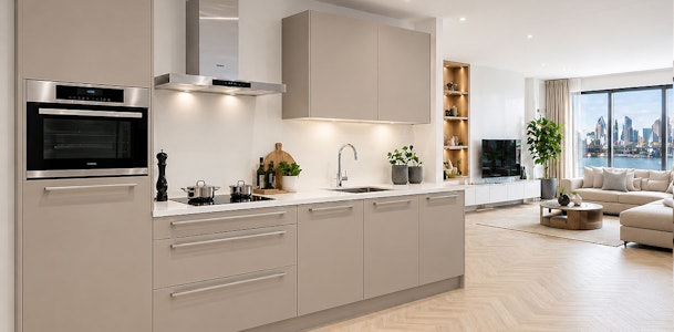 Rechte keuken van 4 meter met taupe hoogglans fronten en breed kookvlak