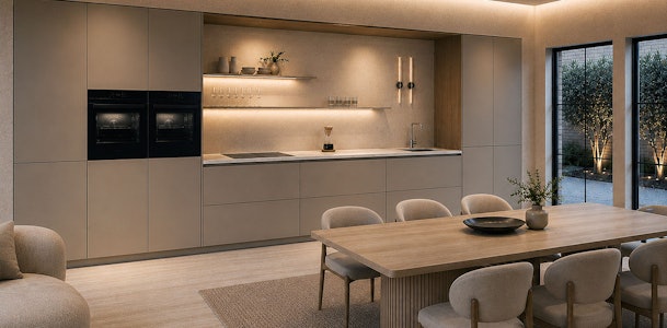 Moderne rechte keuken van 5 meter met hoge kasten aan beide uiteinden, ingebouwde ovens, greeploze fronten en warme sfeerverlichting voor een strak symmetrisch ontwerp.