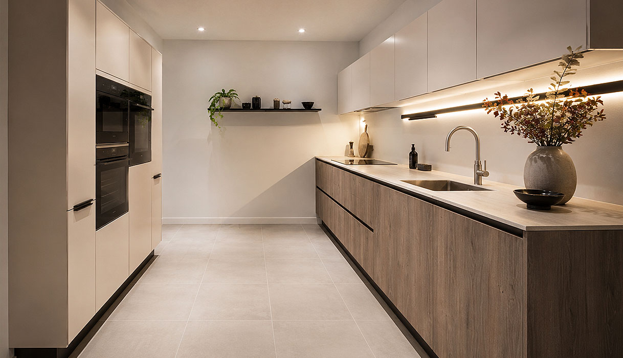 Moderne rechte keuken met warme houtlook fronten, lichte kastenwand en ingebouwde apparatuur tegenover het werkblad met ruime loopruimte ertussen.