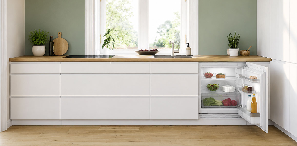 Moderne rechte keuken met witte greeploze fronten, houten werkblad, geïntegreerde kookplaat, spoelbak en compacte onderbouwkoelkast onder het aanrecht.