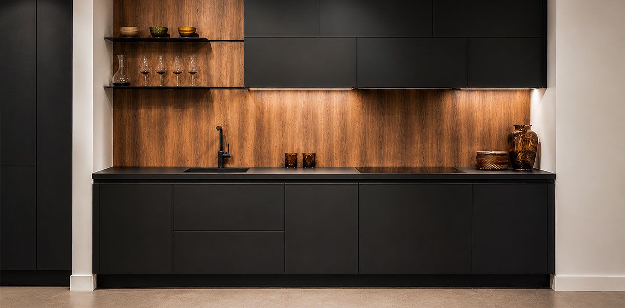 Rechte moderne keuken met donkere fronten en houten achterwand langs één muur