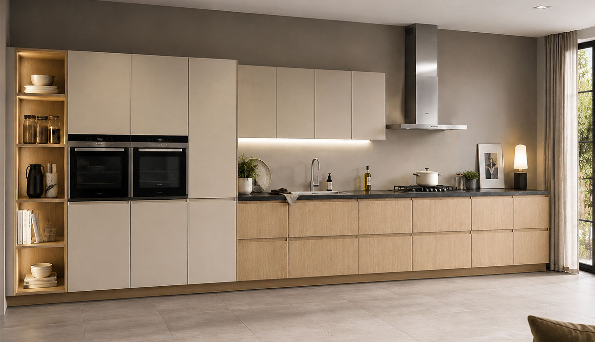 Moderne rechte keuken van 5 meter met hoge kastenwand, lichte houtfronten, extra werkbladruimte en strakke greeploze afwerking in een open woonkeuken.