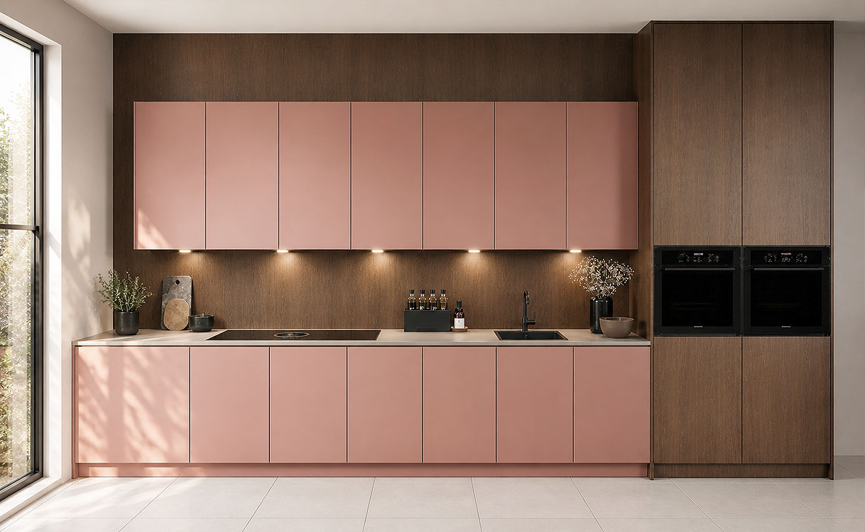 Rechte moderne keuken met roze matte fronten, donker hout en strak composiet werkblad