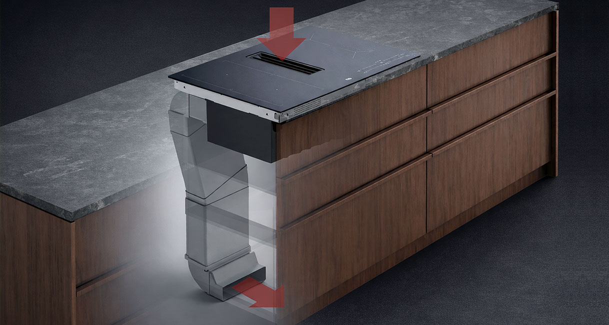 AEG kookplaat met afzuiging en recirculatiesysteem dat gefilterde lucht terug de keuken in blaast