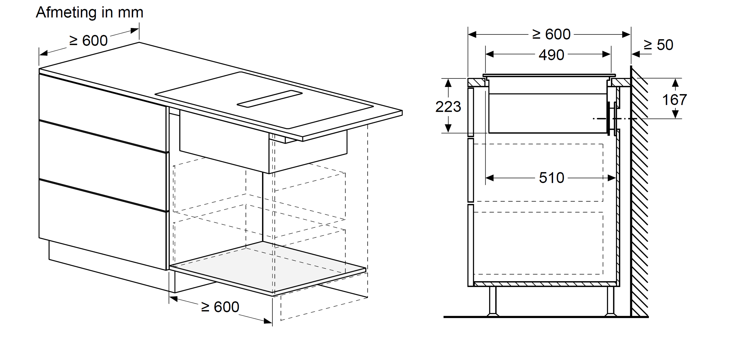 Inbouwsituatie recirculatie vrij blazend: 60 cm diep werkblad