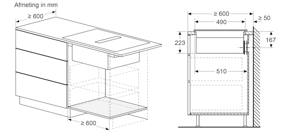 Inbouwsituatie recirculatie vrij blazend: 60 cm diep werkblad