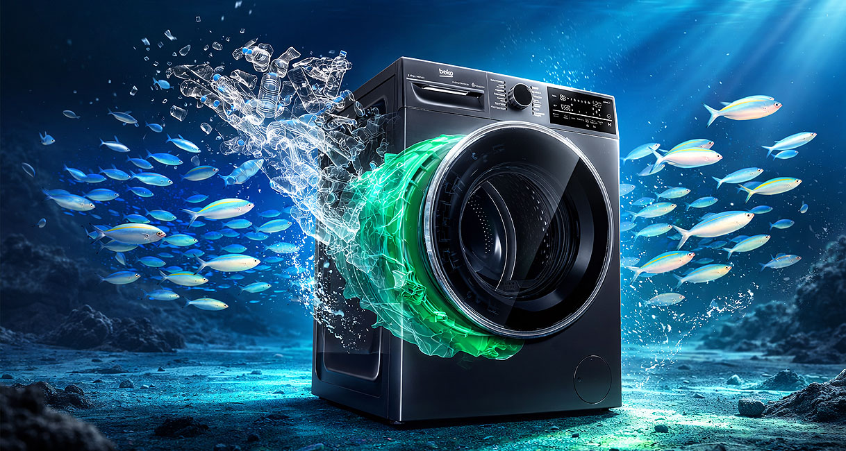 Beko warmtepompdroger onderwater omringd door vissen als symbool voor de milieuvriendelijke RecycledDry trommel van gerecyclede PET-flessen