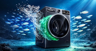 Beko warmtepompdroger onderwater omringd door vissen als symbool voor de milieuvriendelijke RecycledDry trommel van gerecyclede PET-flessen