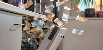 Bankbiljetten boven een open vaatwasser als beeld voor extra stroomkosten door kalk
