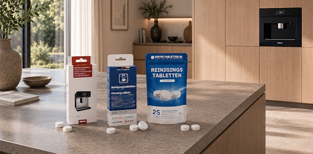 Verpakkingen reinigingstabletten voor koffiemachines van verschillende merken met losse tabletten op een keukenblad