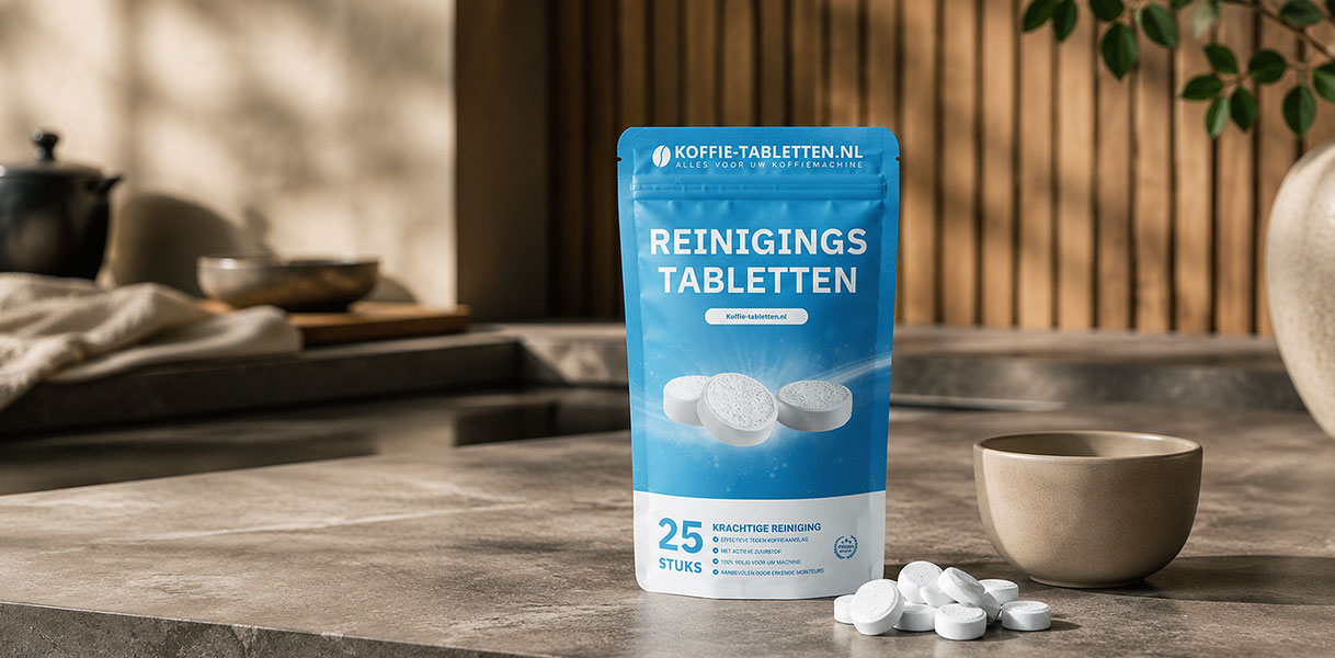Verpakking universele reinigingstabletten met losse tabletten en een koffiekop op een aanrecht