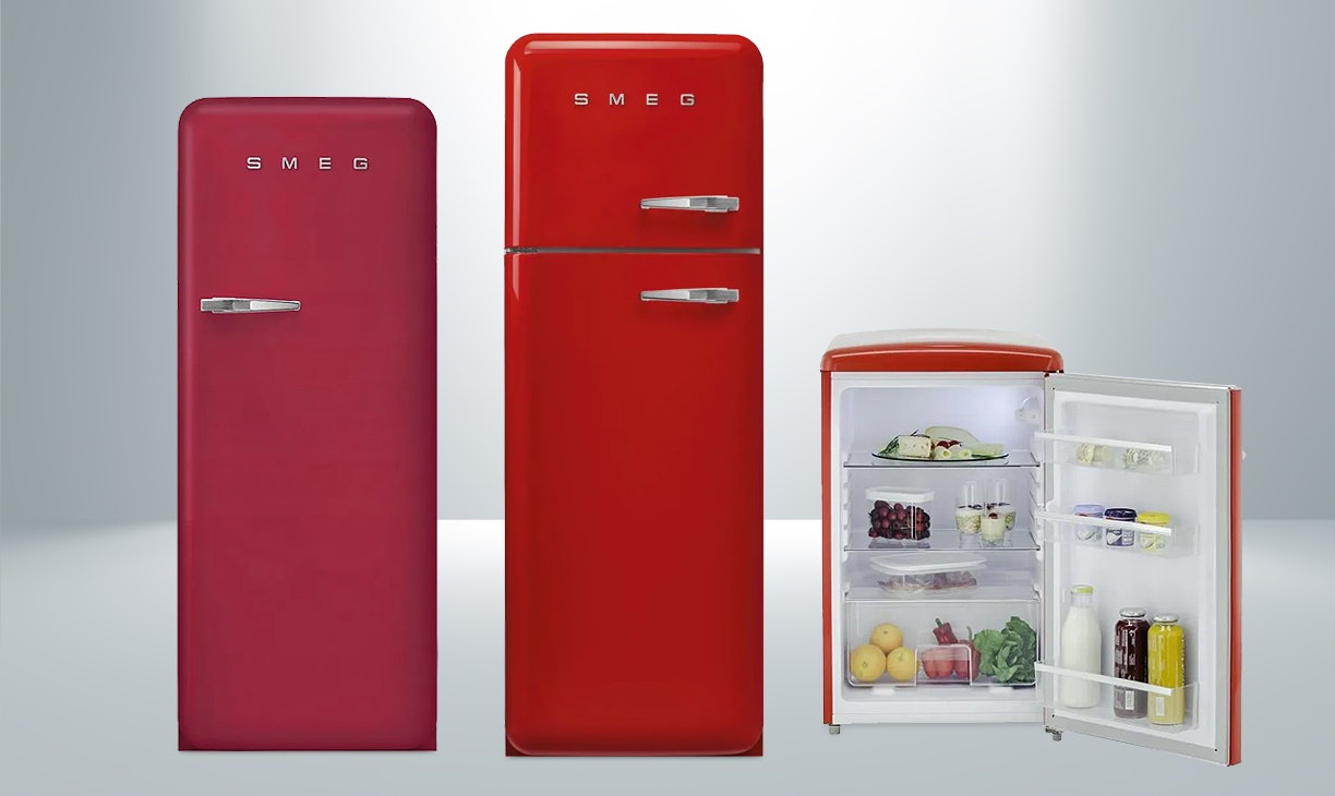 Rode koelkasten en rood gekleurde koel-vriescombinaties