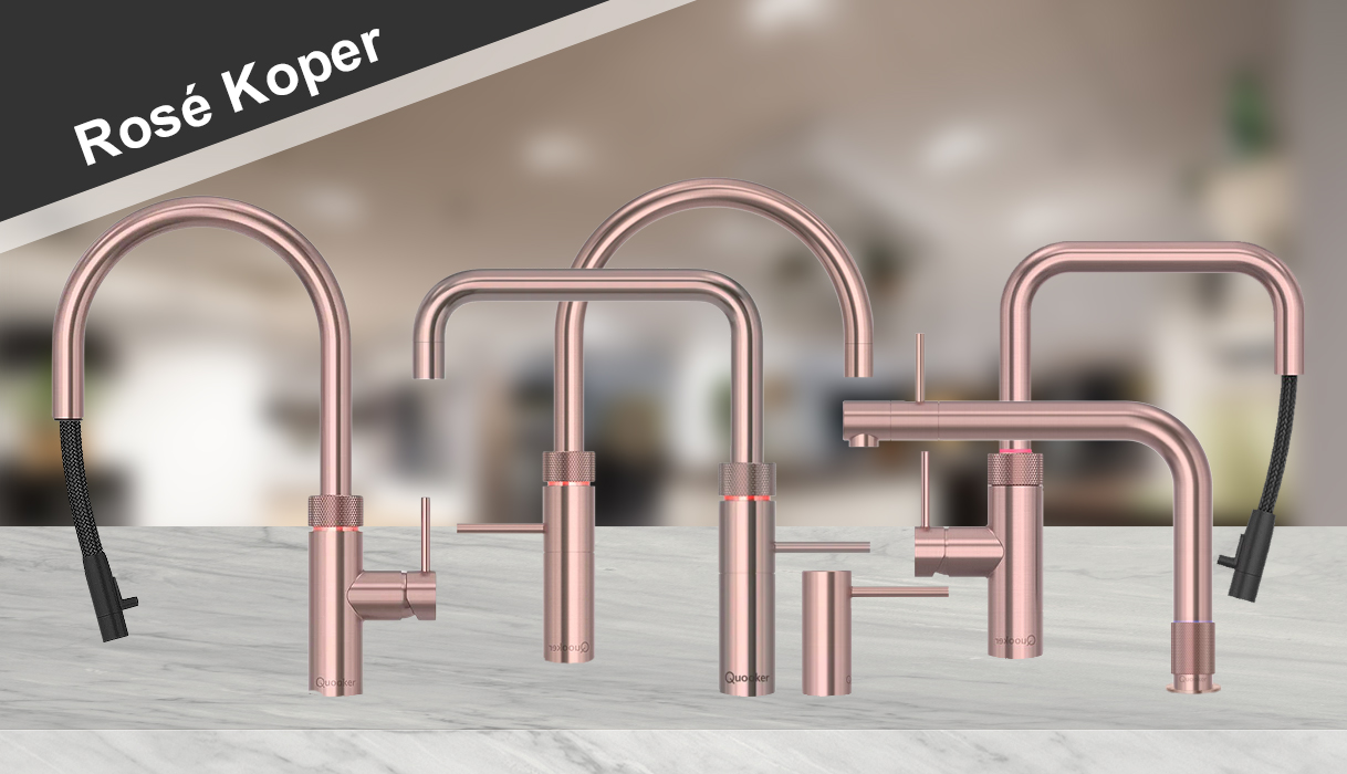 Quooker kranen in Rosé Koper: Flex, Fusion Square, Fusion Round, Front en zeeppomp op marmeren aanrechtblad