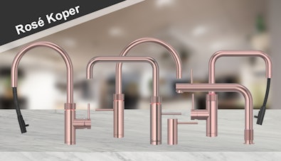 Quooker kranen in Rosé Koper: Flex, Fusion Square, Fusion Round, Front en zeeppomp op marmeren aanrechtblad