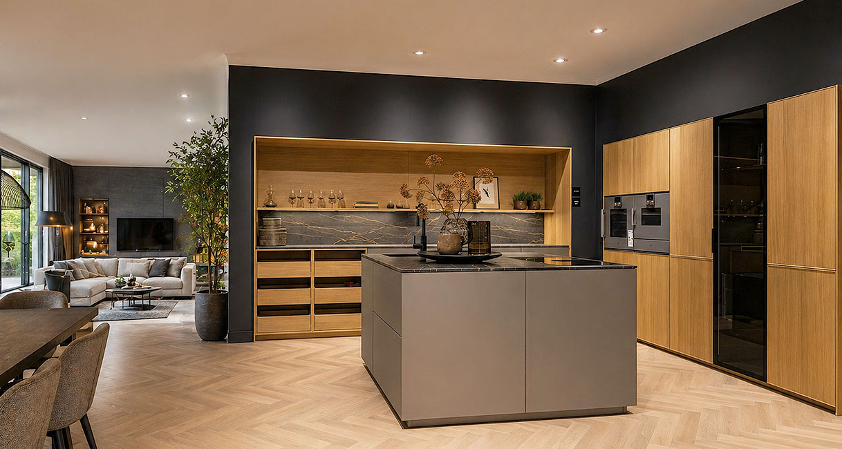 Ruime open woonkeuken met groot kookeiland en L-vormige kastenwand