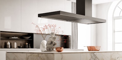 Strakke RVS afzuigkap als wandschouw in een moderne witte keuken