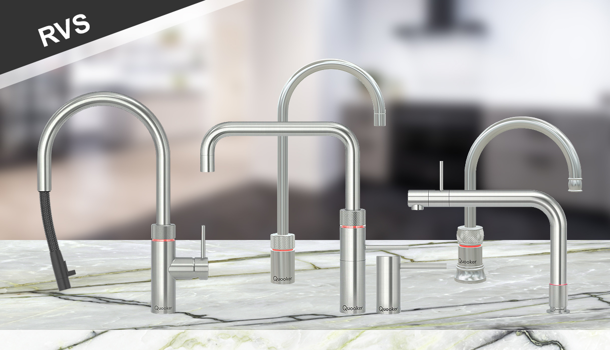 Quooker kranen in RVS: Flex, Fusion Square, Fusion Round, Front en Nordic met zeeppomp op marmeren aanrechtblad
