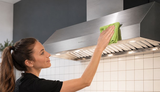 RVS afzuigkap streeploos schoonmaken met een microvezeldoek in de richting van de nerf