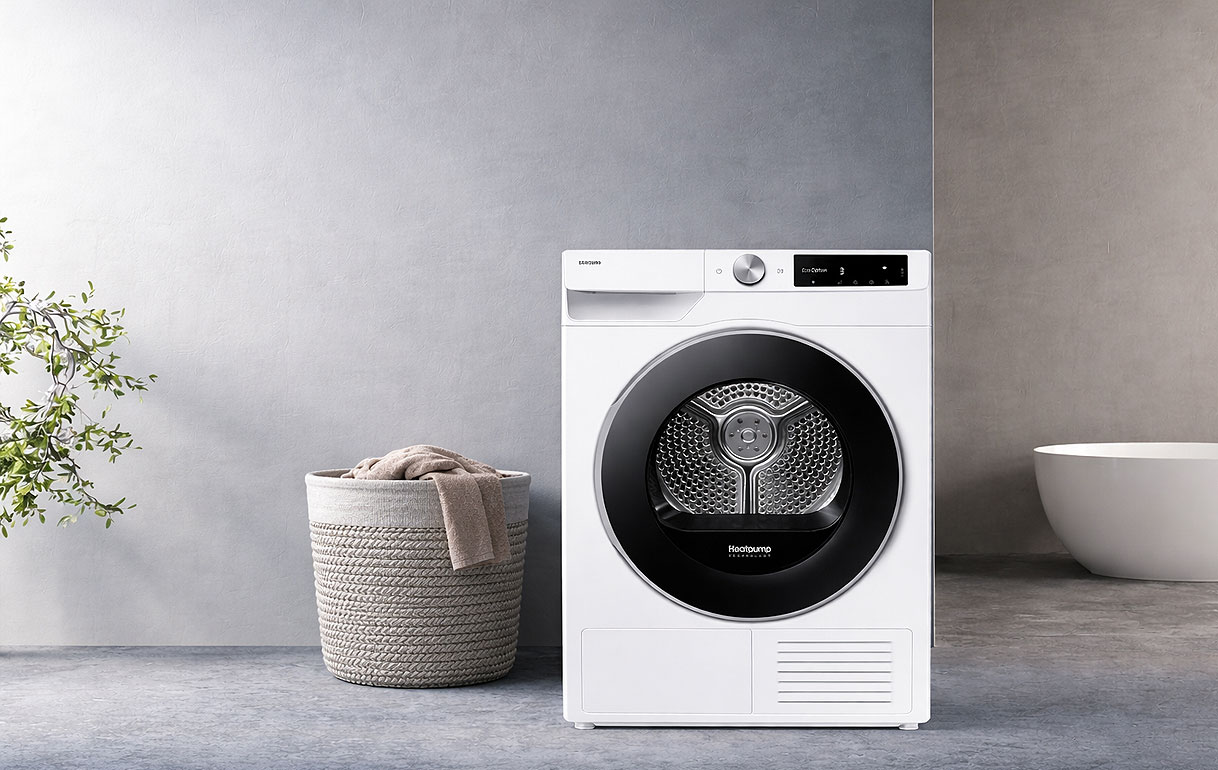 Samsung warmtepompdroger 6000-serie in wit met zwarte trommel in moderne wasruimte met rieten wasmand