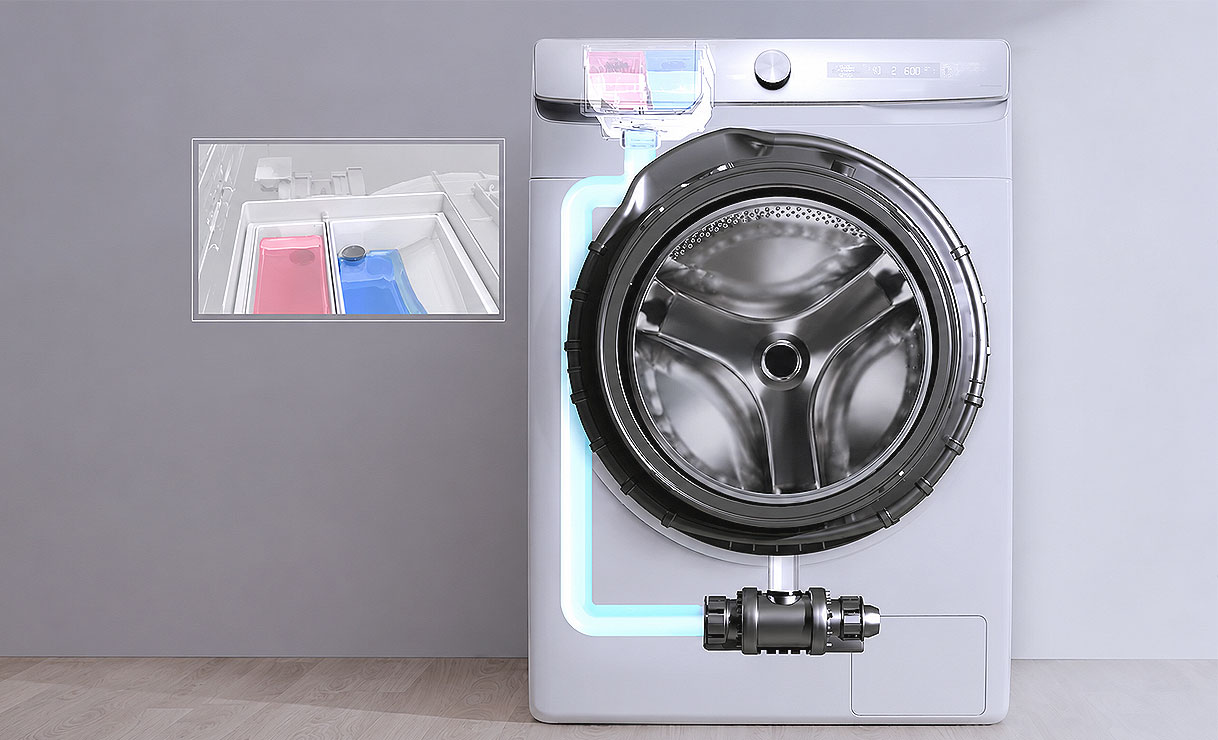 Doorsnede van Samsung wasmachine met EcoBubble die wasmiddel met lucht en water mengt