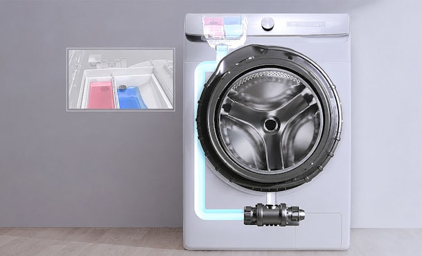 Doorsnede van Samsung wasmachine met EcoBubble die wasmiddel met lucht en water mengt