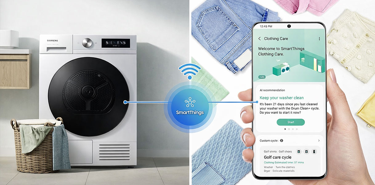 Samsung warmtepompdroger met SmartThings app bediening op smartphone voor op afstand besturen van de droger