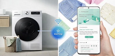Samsung warmtepompdroger met SmartThings app bediening op smartphone voor op afstand besturen van de droger