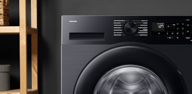 Samsung zwarte wasmachine met EcoBubble en StainExpert technologie.