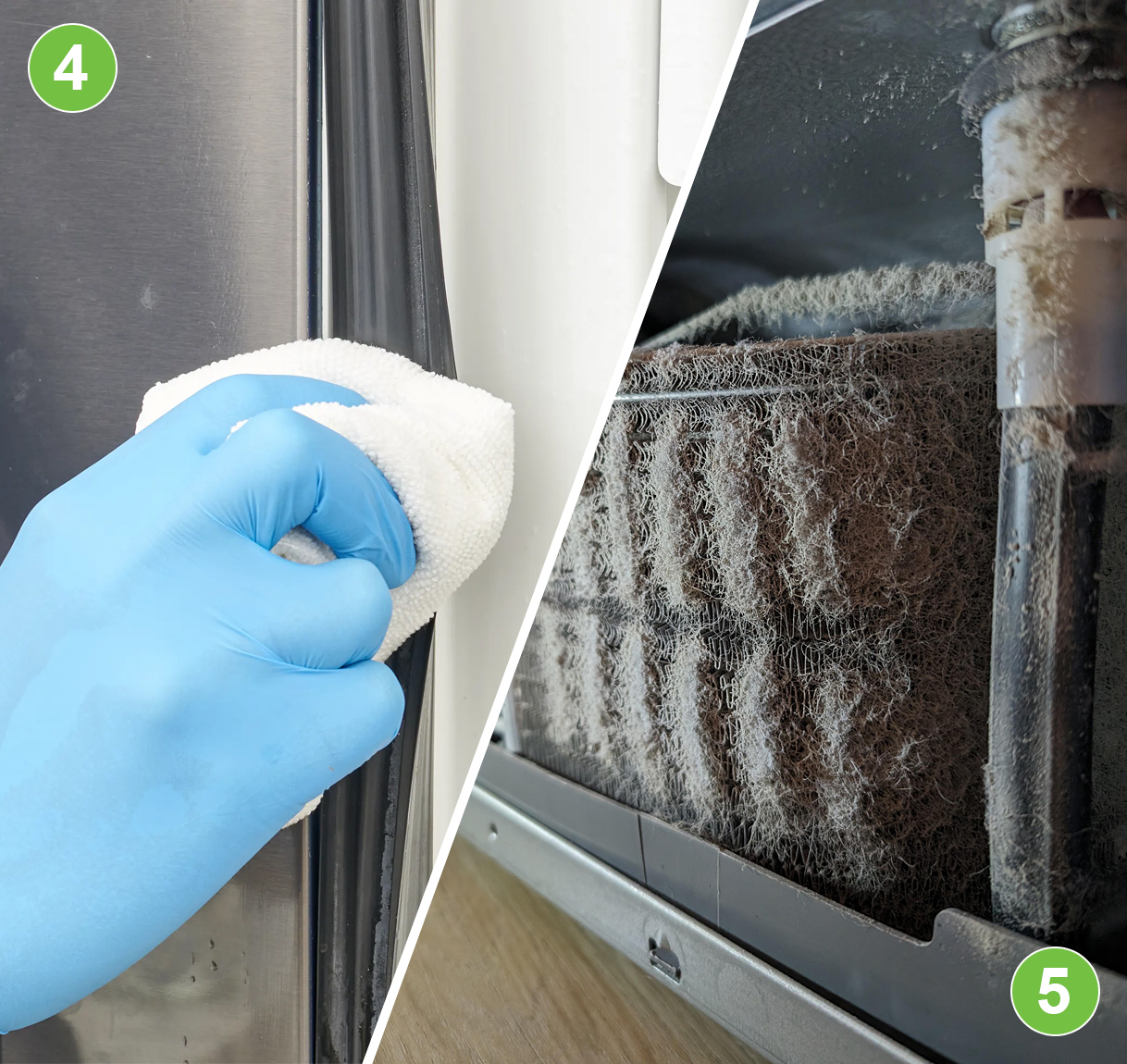 Reinigen van vriezerrubbers en een stoffige condensor aan de achterzijde van een vriezer