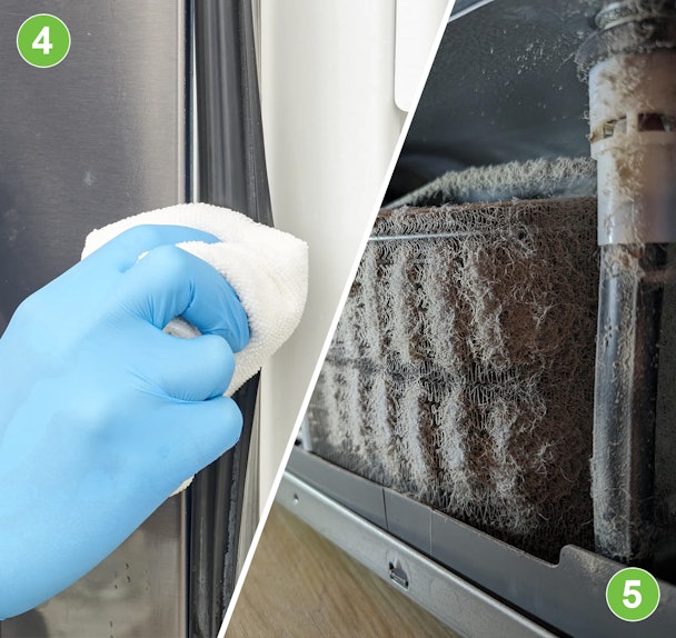 Reinigen van vriezerrubbers en een stoffige condensor aan de achterzijde van een vriezer