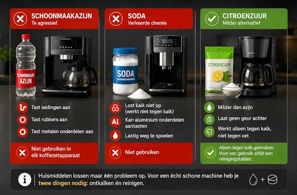 Schoonmaakazijn en soda zijn ongeschikt voor koffiemachines; citroenzuur is een milder alternatief tegen kalkaanslag