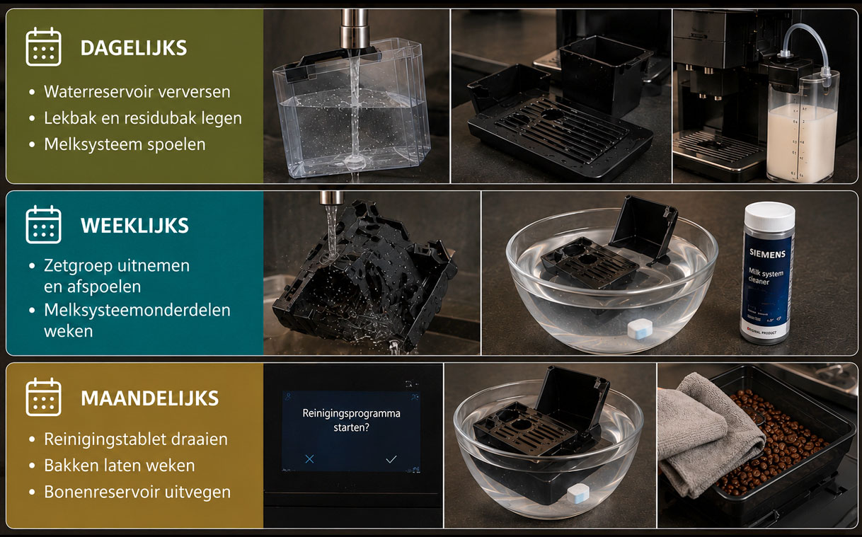 Schoonmaakschema voor een koffiemachine met dagelijks, wekelijks en maandelijks onderhoud van waterreservoir, zetgroep, melksysteem, lekbak en bonenreservoir.