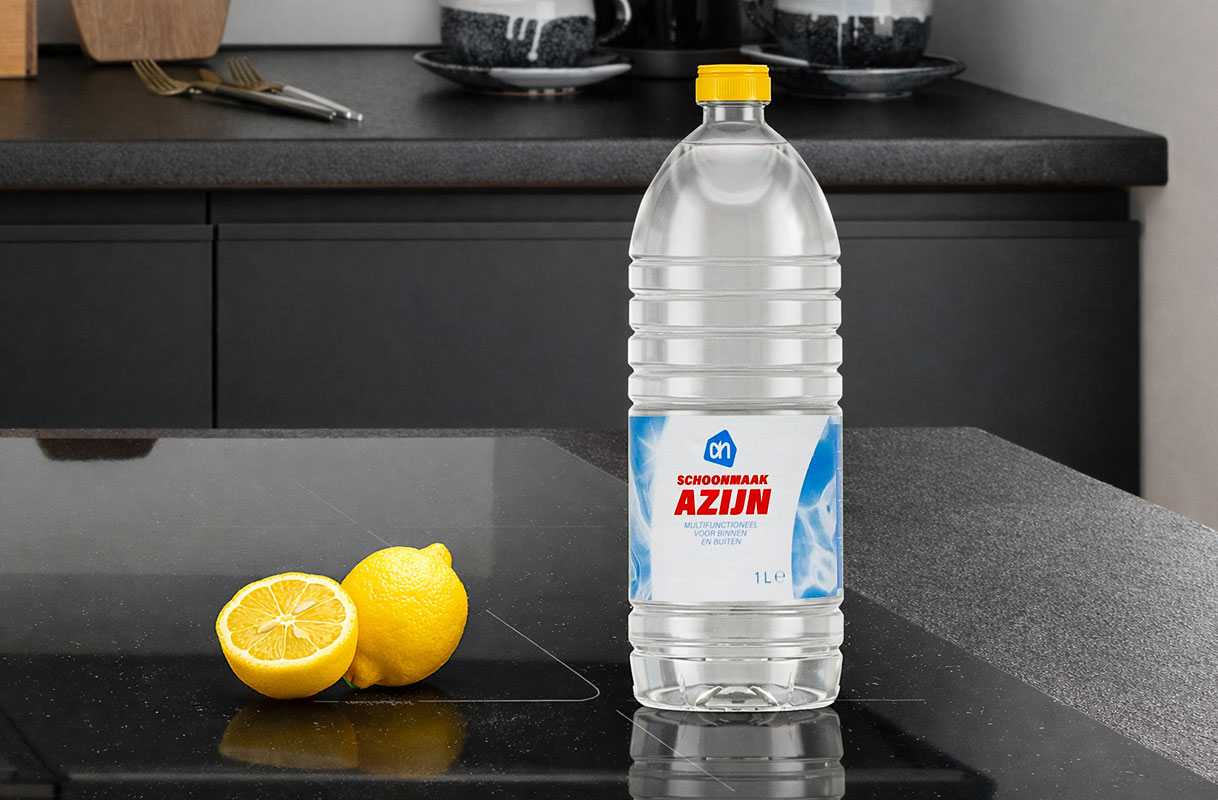 Fles schoonmaakazijn en citroen op inductiekookplaat